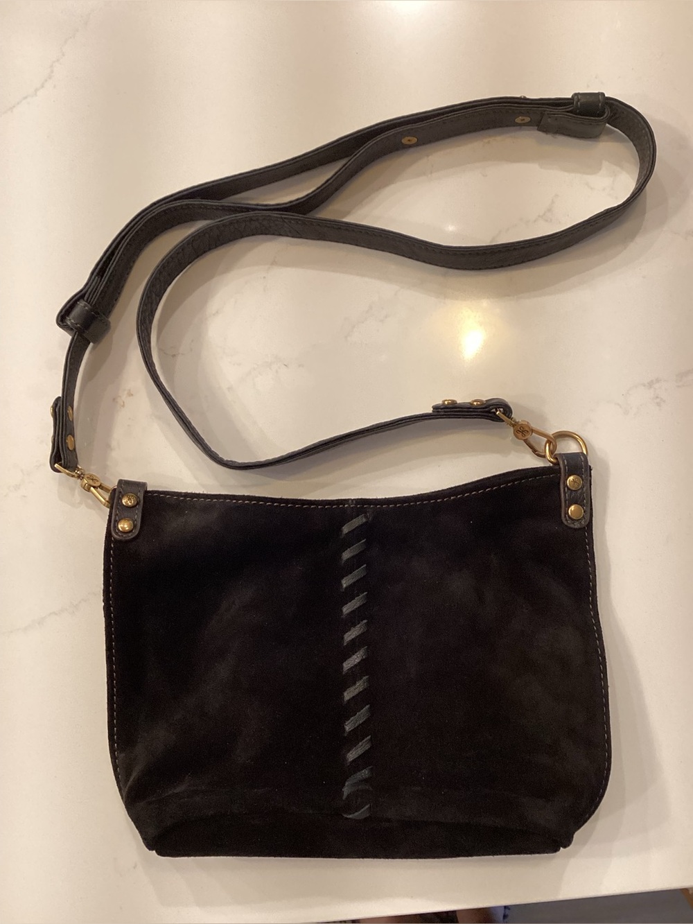 Hobo Pier Small Crossbody Black Suede Leather Whipstitch Western Bohemian